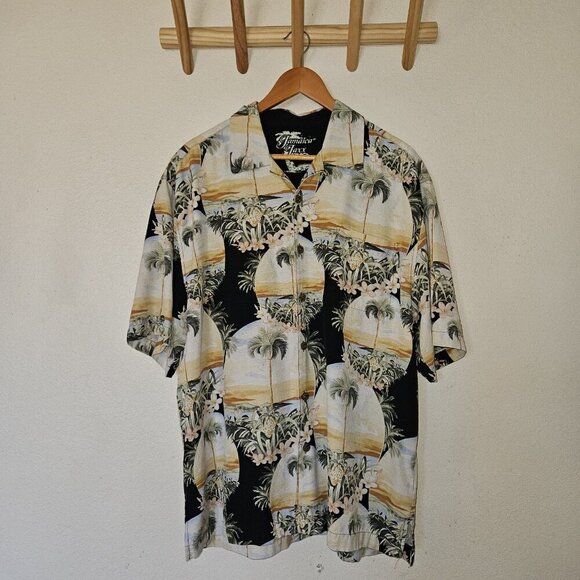 Jamaica Jaxx Hawaiian Shirt L 100% Silk Sunset Palm Tree Aloha Camp Button Front - Picture 2 of 13